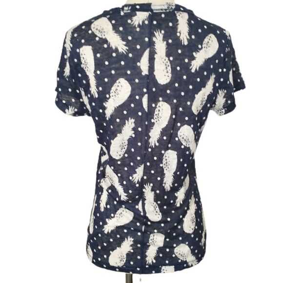 Linen Pineapple Top T Shirt Pullover Small Raw Neckline Navy Blue White Novelty. - Picture 3 of 14